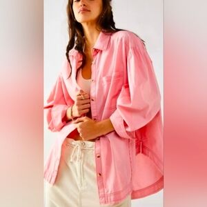 We The Free Happy Hour Pink Oversized Button-Down Shirt Strawberry Cream